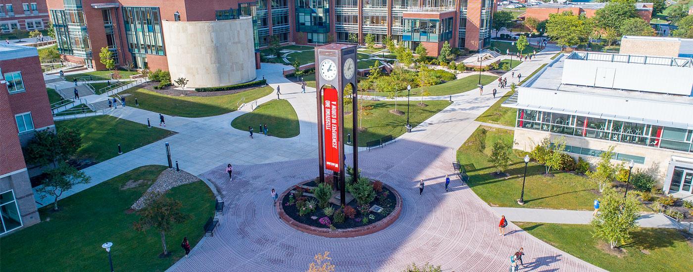 Aerial view of the center of campus with the clocktower in full view